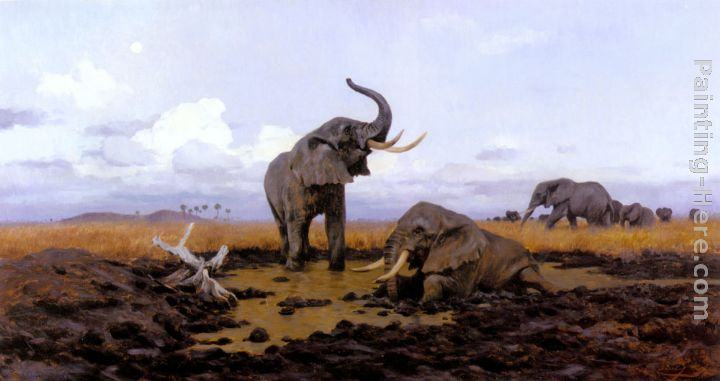 Wilhelm Kuhnert In The Twilight, Elephants